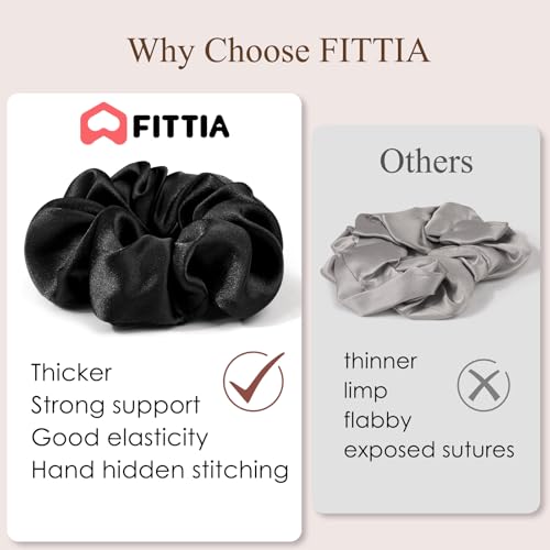 Fittia Silk Scrunchies for Hair Sleep No Crease, Silky Satin No Damage Hair Ties for Women&Girls, Soft Breathable Ponytail Holders 3 Pack, Black