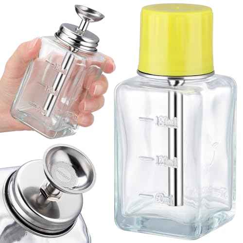 Noverlife 6Oz / 180ml Glass Push Down Pump Dispenser with Cover, Acetone Pump Dispenser Alcohol Dispenser Push Down, Nail Polish Remover Dispenser Bottle Push Down Hand Pumping Press Container