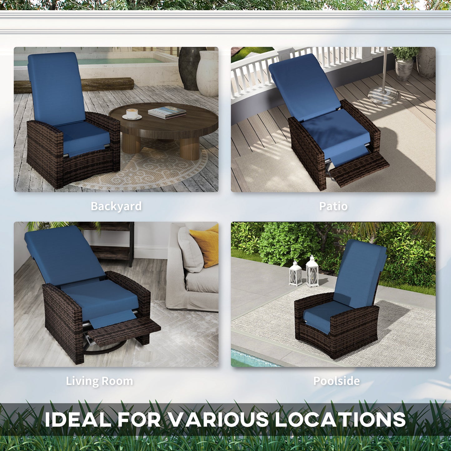 Outdoor Wicker Swivel Recliner Chair with Footrest - Dark Blue