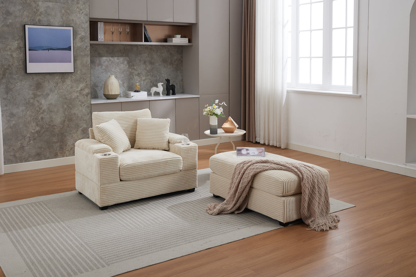 Corduroy Upholstered Chaise Lounge Sofa with Storage & Ottoman - Beige