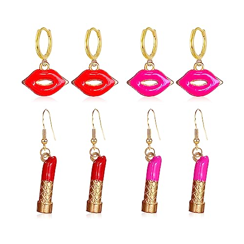 GBAHFY 4 Pairs Sexy Red Pink Lips Lipstick Alloy Dangle Earrings Fashion Long Lipstick Drop Earrings for Woman Set
