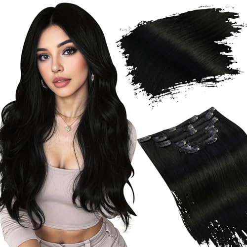 Ugeat Jet Black Clip in Hair Extensions Human Hair 18 Inch Real Hair Clip in Extensions for Beginner Real Human Hair Clip ins No Glue Needed 7pcs 120g Jet Black