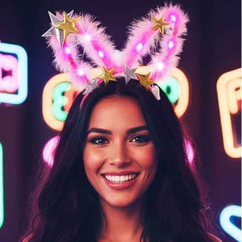 Sixexey Light Up Headband LED Pink Star Hair Band Halloween Cosplay Costume Party Hair Accessories for Women