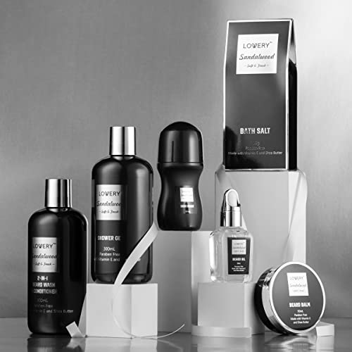 Christmas Gifts for Men, Mens Spa Gift Set Beard Kit and Body Care, Unique Gifts for Dad Sandalwood Spa Gift Baskets, Bath and Beard Grooming Kit, Birthday Gifts for Him with Beard Balm, Growth Oil.