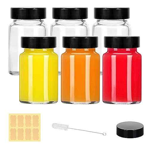 2 oz Small Clear Glass Bottles with Lids - 6Pcs Wide Mouth Shot Bottles with Caps for Ginger Shots, Juice, Potion, Liquids, Whiskey - Mini Travel Bottles with Funnels, Stickers