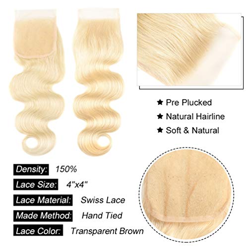 613 Hair Bundles with Closure Body Wave Human Hair 613 Honey Blonde Bundles with Lace Closure Brazilian Virgin Body Wave Human Hair 3 Bundles with 4¡¿4 Lace Closure 150% Density Free Part (12 14 16+10)