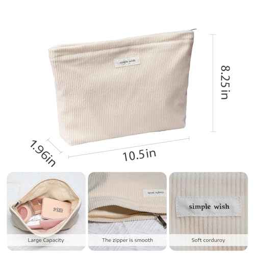 Wudygirl Travel Makeup Bag,Large Capacity Cosmetic Bag for Women,Corduroy Toiletry bag Handbags Purses Zipper pouch(Beige)