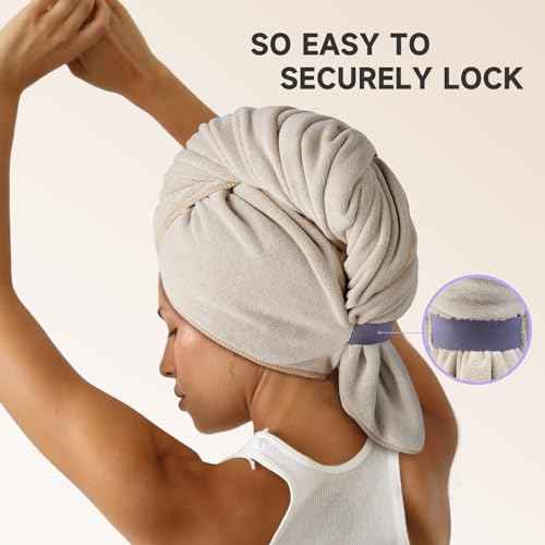 Umisleep 100% Microfiber Hair Towel, 41" x 22" Super Absorbent Hair Care Towel, Ultra Soft Hair Towel Wrap with Elastic Loop, Large Curly Hair Towel for Women Long, Thick Hair, Camel