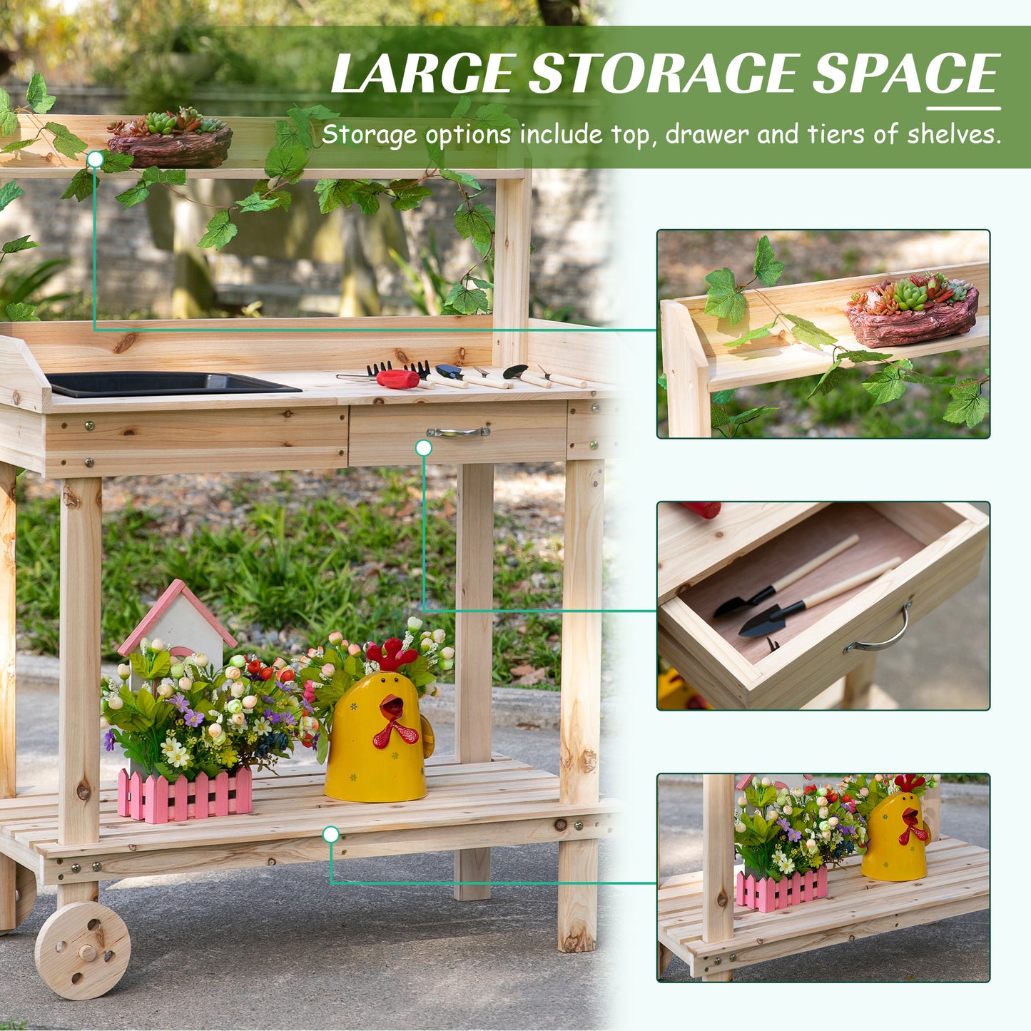 36-Inch Wooden Potting Bench Work Table with Removable Sink & Wheels