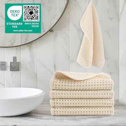 POLYTE Microfiber Lint Free Washcloth Face Towel, 13 x 13 in, 4 Pack (Waffle Weave)