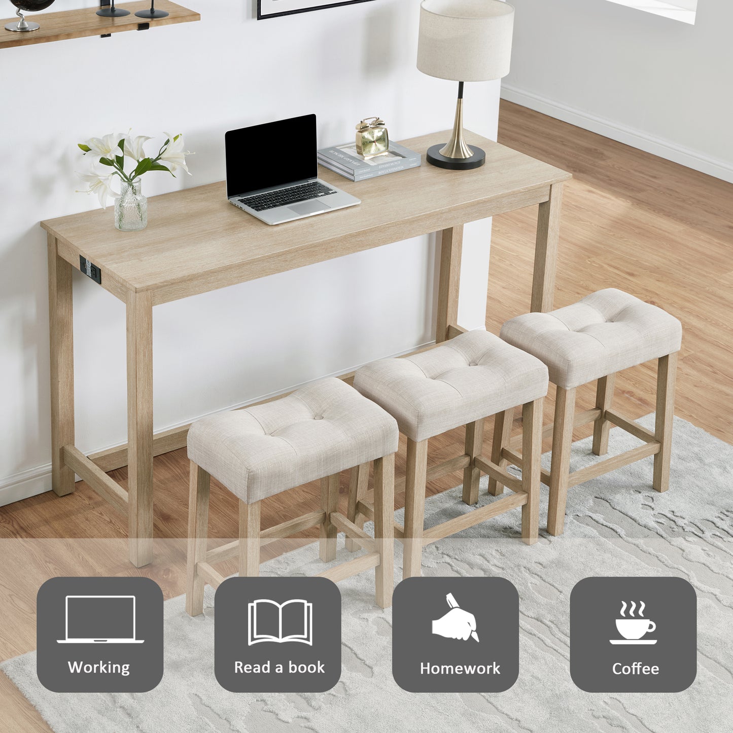 Bar Table Set with Power Outlet & 3 Stools - Light Oak