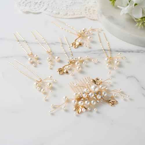 SWEETV Bridal Wedding Hair Accessories Set of 7, Pearl Wedding Hair Comb Rhinestone HairPins Leaf HairPieces Elegant Bridal Headpieces Accessories for Brides Bridesmaids Women Girls