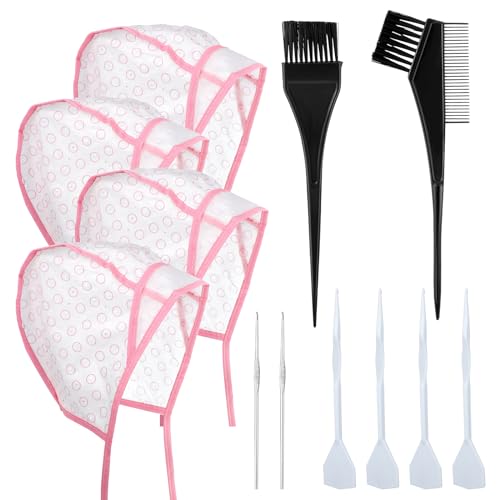 Bewudy 12 Pcs 4 Sets of Highlighting Caps with Hooks, Hair Coloring Frosting Dye Kit for Salon Hairdressing (Pink)