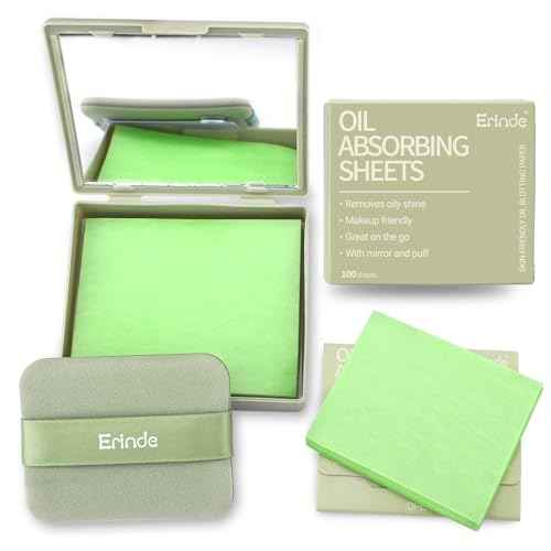 Erinde Oil Blotting Sheets for Face with Mirror and Puff, 300 Sheets Oil Blotting Paper for Oily Skin, Face Oil Absorbing Sheet, Natural Oil Control Film, Absorb Excess Oil, Makeup Friendly