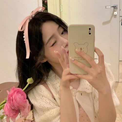 AUOCATTAIL 2 Pcs Pearl Bows Streamer Headbands French Retro Temperament Gentle Pink Bow Ribbon Hair Hoop Hair Accessories Headdress for Women Girls