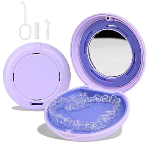 HEMILAB¢ç Retainer Case, Slim Aligner Case with Mirror, Compatible with Invisalign, Cute Retainer Orthodontic Box with Vent Holes, Purple