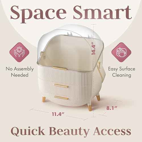 Covered Makeup Cosmetic Countertop - Large Cosmetic Organizer - Trendy Oval Shape Storage for Skin Care Organizer - Clear Lid, Storage Drawers, Carry Handle - Cute Stylish Decor Solution (White)