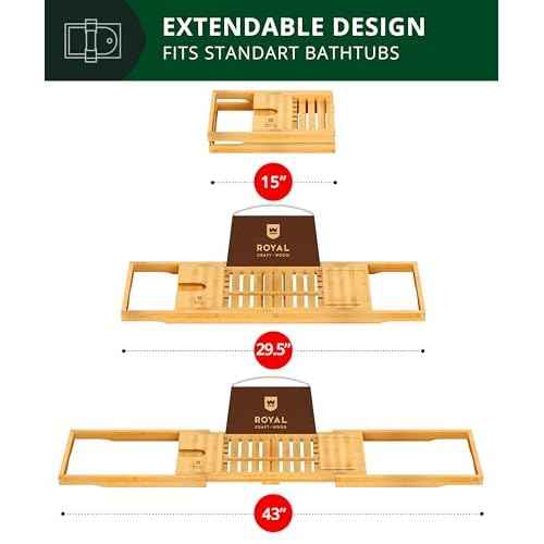 ROYAL CRAFT WOOD Premium Foldable Bathtub Tray Caddy - Wood Bath Tray for Tub, Bamboo Shelf, Expandable Bath Table Trays, Bathtub & Bathroom Accessories for New Home & Mothers, Birthday Gifts for Mom