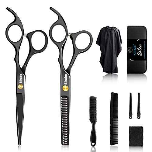 Sirabe 10 PCS Hair Cutting Scissors Set, Professional Haircut Scissors Kit with Cutting Scissors, Thinning Shears, Comb, Cape, Clips, Black Hairdressing Texturizing Shears Set for Barber, Salon, Home
