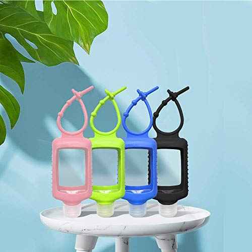 4 Pack Travel Size Plastic Clear Bottles w/Silicone Sleeve Refillable Empty Squeeze Containers Leakproof Flip Cap Keychain Bottles Hand Sanitizer Holder for Backpack Travel Outdoor (60ml/2oz) (A)