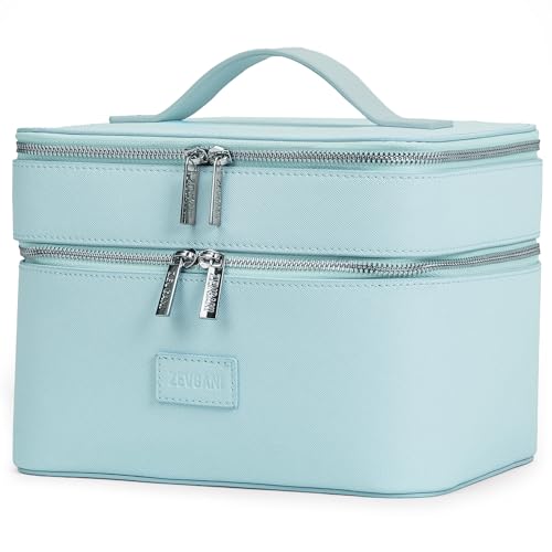 ZEVGANI Travel Makeup Bag Vanity Case with Mirror, Large Toiletry Bag Portable Leather Makeup Bag Organizer with Dual Compartments Removable Dividers for Skincare & Brushes, Blue