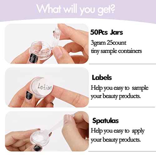 3 Gram Sample Containers With Lids, 50 Count Clear Jars, Empty Lip Balm, Mini Cosmetic With Labels, Makeup Travel, Mini Disposable Spatulas