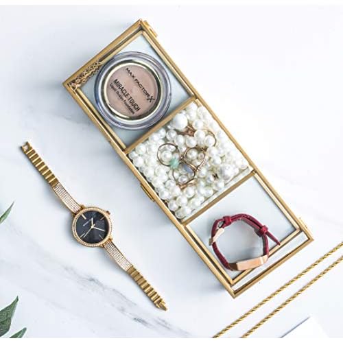 Golden Vintage Glass Lidded Box Clear Glass & Brass Metal Storage Jewelry and Cosmetic Makeup Organizer with Lid Beauty Display, Rectangle with 3 Compartment