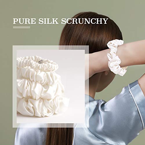 MTSNOO Silk Scrunchies for Hair, 100% Pure 22 Momme Mulberry Silk Scrunchies for Curly Hair with Elastic Band, 4 Pack, Ivory