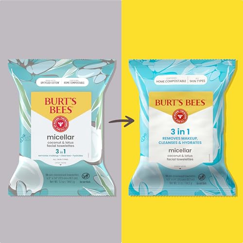 Burt's Bees Stocking Stuffers, Coconut & Lotus Face Wipes, for All Skin Types, Micellar Makeup Remover & Facial Cleansing Towelettes, Skin Care Christmas Gifts, 30 Ct. (3-Pack)