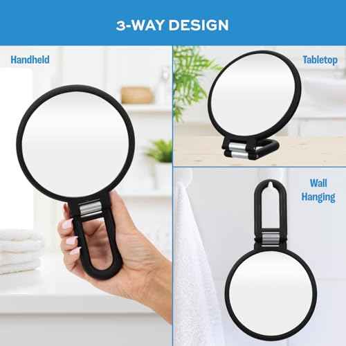 ForPro Professional Collection Premium Magnifying Handheld Mirror, 1X/15X Magnification Hand Mirror, Folding Adjustable Handle, for Makeup, Travel, Black