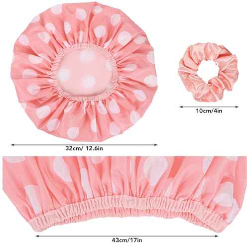 WSICSE 2 Packs Large Shower Caps for Women, Waterproof Shower Cap Double Layers Bath Caps with Hair Scrunchies for Long Thick Hair