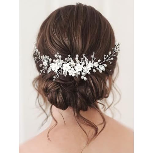 Flower Bride Wedding Hair Vine Silver Pearl Hair Pieces Bridal Headbands Hair Accessories for Women and Girls