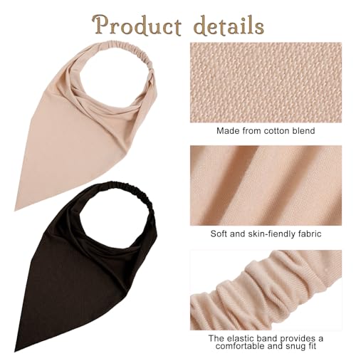 2PCS Head Kerchief for Women,Elastic Triangle Head Scarf, Headbands Bandana Portable Solid Color Bohemian Style, Suitable for Men and Women Travel Parties, Brown, Khaki