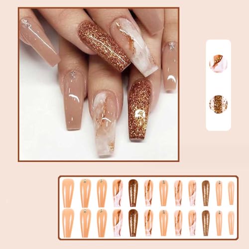 Long Press on Nails Marble False Nails Art Full Cover Acrylic Coffin Orange Fake Nails for Women and Girls 24PCS