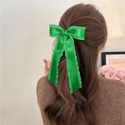 Green Hair Bow Clips for Women Girls 5.5 in Big Silky Ruffle Satin Hair Ribbon Bow-Knot Alligator Barrettes Hairpins Early Spring St Patricks Day Dress Decor Accessories Gift