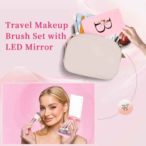 Mini 8-Piece Travel Makeup Brush Set with LED Light Mirror, Personalized Monogrammed Brush for Teen Girls, Stylish and Compact Travel Essentials(Pink-B)