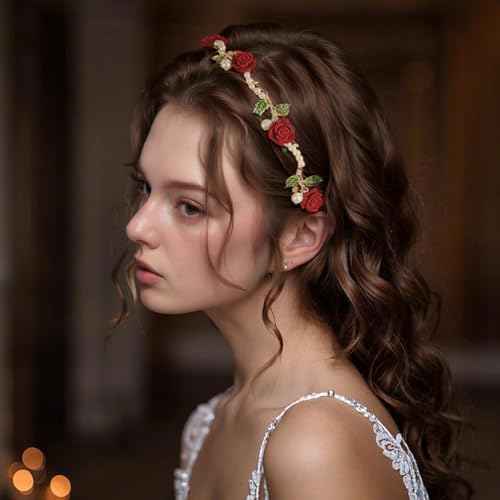 Red Rose Metal Hair Wreath Pearl Floral Flower Crown Headpiece Dainty Forest Style Headband Artificial Roses Hair Accessories for Girl and Flower Girls Bridal Wedding Party Photos