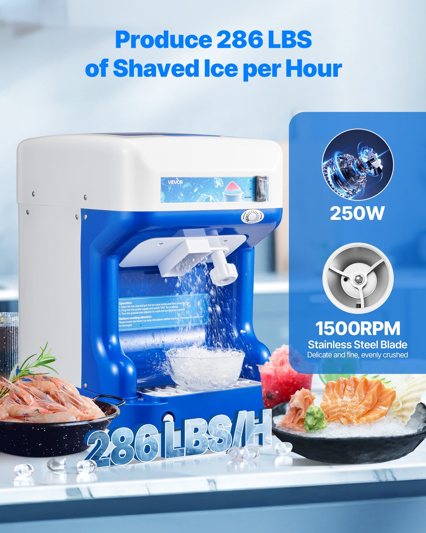 Blue Commercial Ice Shaver 286LBS/H Electric Snow Cone Maker Kitchen Appliance