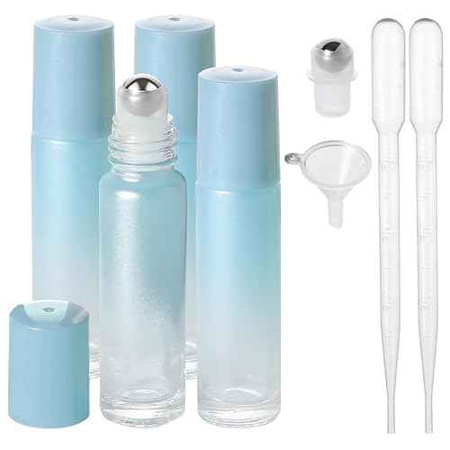Essential Oil Roller Bottles, 10ml Thick Glass Perfume Roller Bottles with Funnel Opener and Dropper Colored Glass Empty Bottles with Stainless Steel Roller Balls (Blue, 4 Pack)