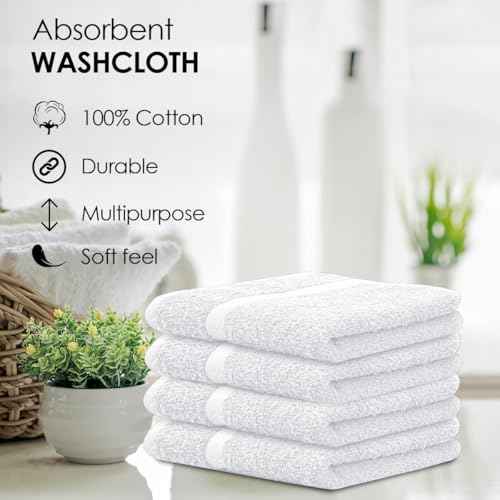 Avalon Towels Cotton Washcloths ? (Pack of 60) Size 12x12 Inches, 100% Ring Spun Cotton, Soft & Absorbent Face Towels, Gym Towels, Hotel and Spa Quality, Reusable Fingertip Towels (White)