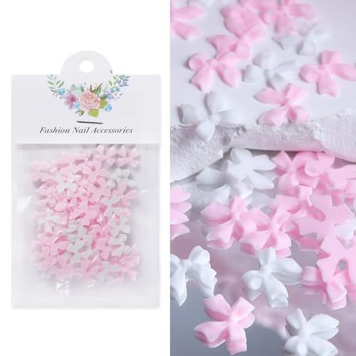 50Pcs 3D Nail Bows Nail Charms,Pink White Bow Nail Charms for Nails Design Cute Bowknots Nail Charm Resin Bowknot Ribbon Nail Design Nails Charms for Women Nail Supplies Nail Decorations Nail Art