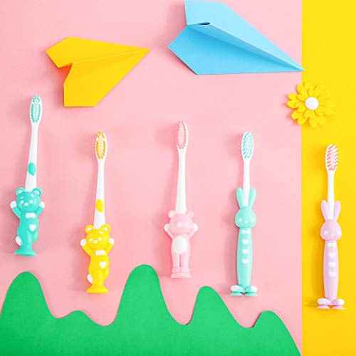 Patelai 12 Pcs Toddler Toothbrush for Age 2 up, Kids Toothbrush Set with Covers, Soft Children Manual Brushes Bulk with Suction Cup for Upright Storage, Rabbits and Bears Brushes for Travel
