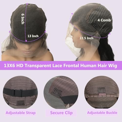 30 Inch 13x6 Lace Front Wigs Human Hair 200 Density Body Wave Lace Front Wigs Human Hair HD Lace Wigs for Women Pre Plucked Frontal Natural Black