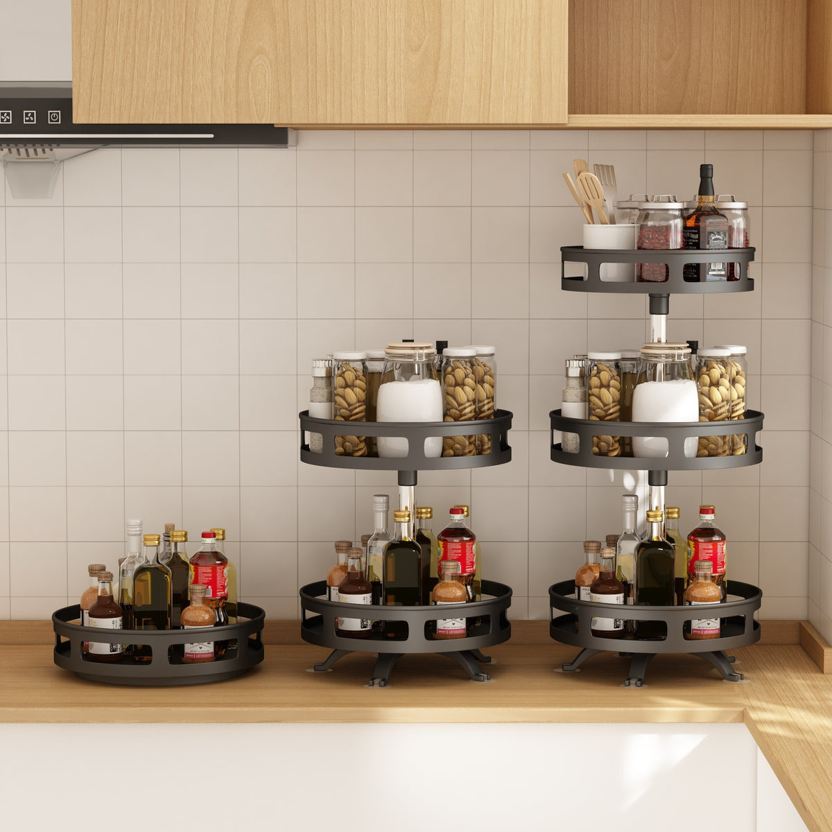 Rotatable Black Kitchen Spice Rack Shelf - Multi-Layer Modern Organizer