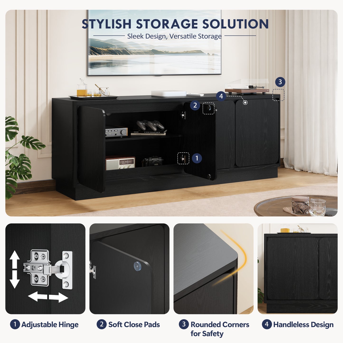 63 Inch Black TV Stand with 4 Storage Doors - Modern Media Console