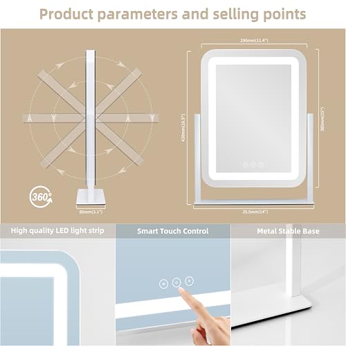 Vanity Mirror with Lights,13.1"¡¿16.7"LED Makeup Mirror,Lighted Makeup Mirror with Lights, Smart Touch Control Dimmable 3 Modes Light, Lighted Up Mirror for Makeup Desk, Bedroom, Dressing Room