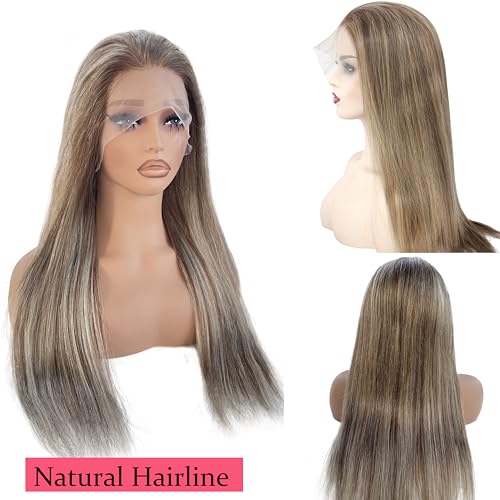 Smartinnov Ash Brown Highlight Lace Front Wig Human Hair Ombre Blonde 13x4 HD Transparent 16Inch 150% Density Ash Blonde Mixed Chestnut Brown Balayage Pre Plucked Brazilian Remy Hair Wigs for Women