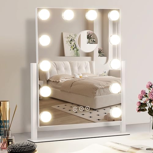 Vanity Makeup Mirror with Lights,3 Color Lighting Modes Detachable 10X Magnification Mirror Touch Control,360¡ÆRotation, White (14.6Inch)