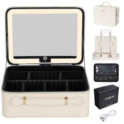 Leather Makeup Case with LED Lighted Mirror 11.4 Inch Travel Makeup Bag Adjustable Brightness in 3 Colors Cosmetic Organizer Artist Storage Bag with Dividers Brush Holder Bag Vanity White