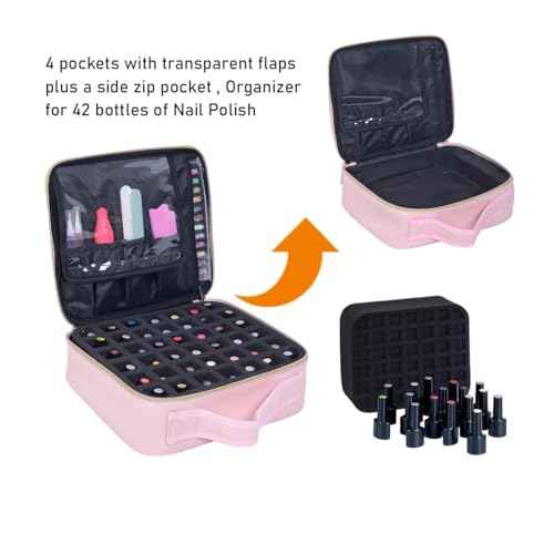 Nail Polish Organizer Case - PU Leather Portable Cosmetic Bag Hold 42 Bottles (15 ml/0.51 floz) with Removable Partition (Pink)